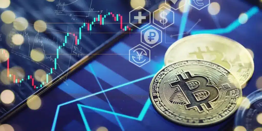 cryptocurrency coins on chart background with currency icons and trading graphs