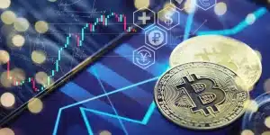 cryptocurrency coins on chart background with currency icons and trading graphs